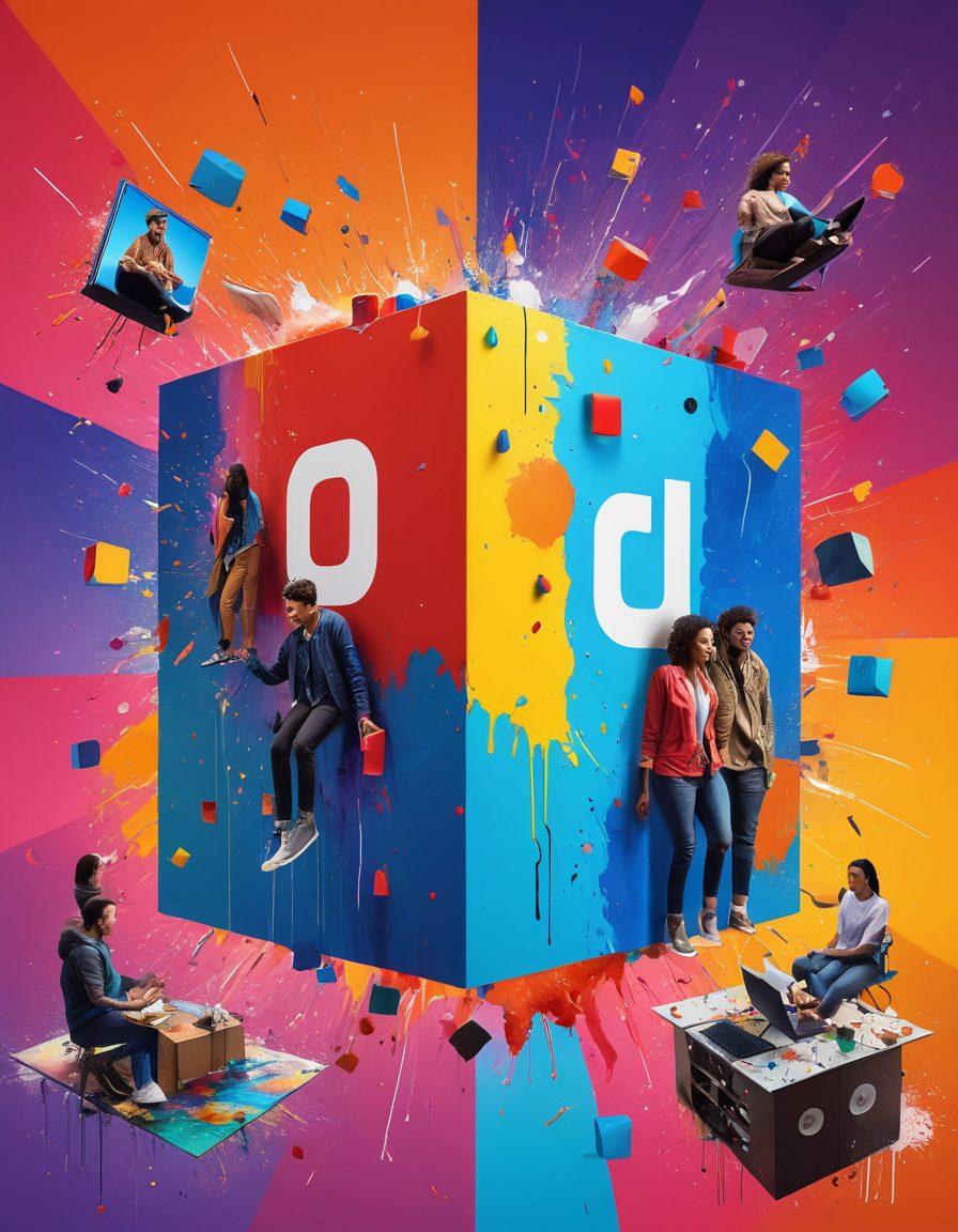 A dynamic collage showcasing various forms of user-generated content like digital art, photography, and videos, set against a vibrant backdrop featuring the Youcube logo. Imagine individuals of diverse backgrounds collaborating and sharing ideas, with a burst of colors and creative elements like paint splatters and film reels enhancing the scene. Super-realistic. Vibrant colors. 3D effect.