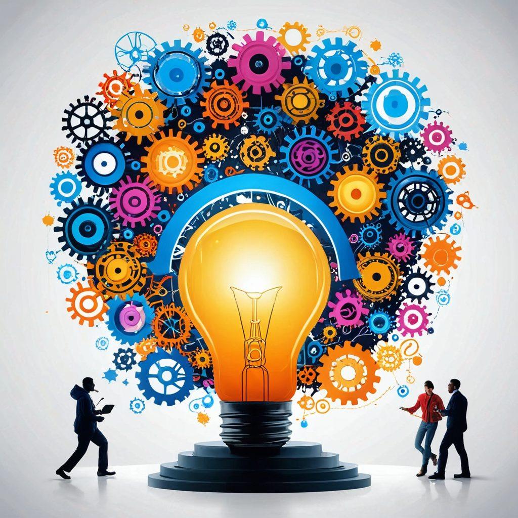 A dynamic scene illustrating the journey from a light bulb icon representing ideas to a vibrant video screen showcasing engaging content. Include elements like gears symbolizing transformation, a path winding from conception to execution, and diverse creators collaborating. Use bright colors to convey energy and innovation, focusing on technology and creativity in video production. super-realistic. vibrant colors. white background.
